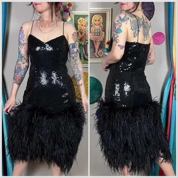Vintage 1970s Black Sequins and Ostrich Feather Cocktail Dress - Picture 4 of 8